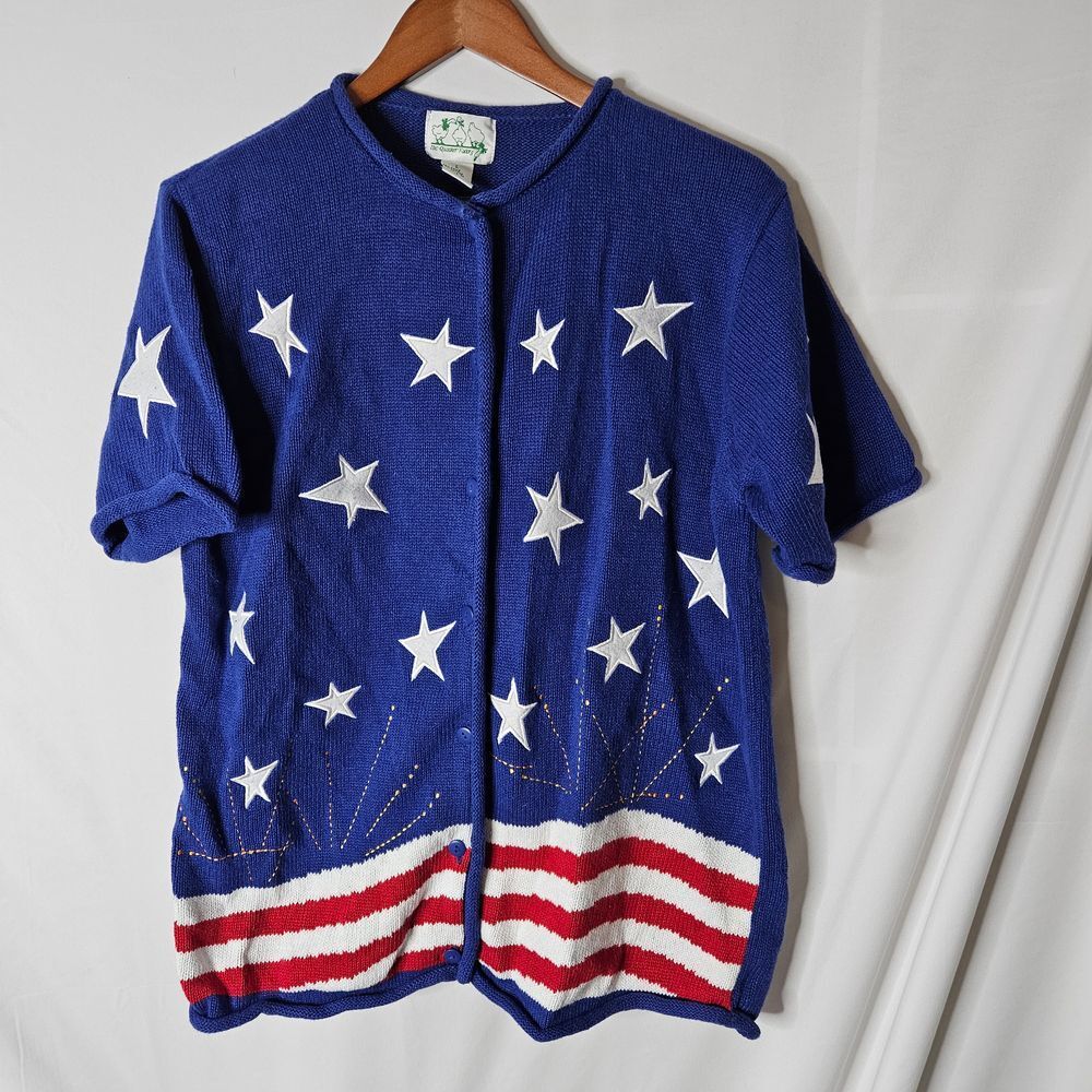 The Quacker Factory American Patriotic Appliqued Short Sleeve Sweater Cardigan L